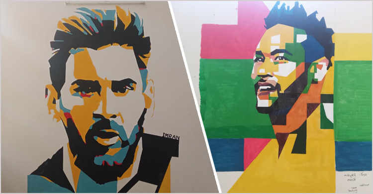 বাকৃবির দেওয়ালে মেসি-নেইমারের ছবি আঁকলেন ২ শিক্ষার্থী