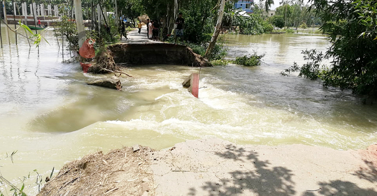 বন্যার পানিতে ধসে গেলো ব্রিজ, ১০ গ্রামে দুর্ভোগ