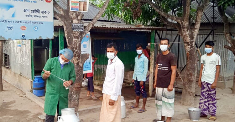লকডাউনে স্বাস্থ্যবিধি মেনে খামারিদের দুধ নিচ্ছে ‘প্রাণ ডেইরী’