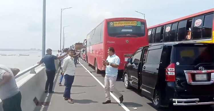 পদ্মা সেতুতে যানজট, নেমে ছবি-সেলফি তুললেন যাত্রীরা