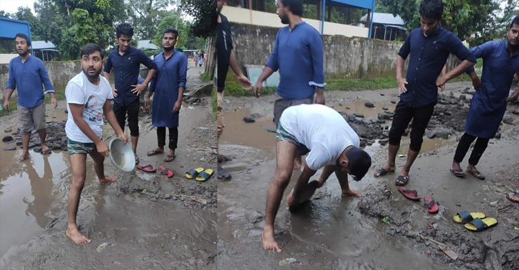 নেতাকর্মীদের নিয়ে রাস্তা সংস্কার করলেন ঢাবি ছাত্রলীগ সভাপতি