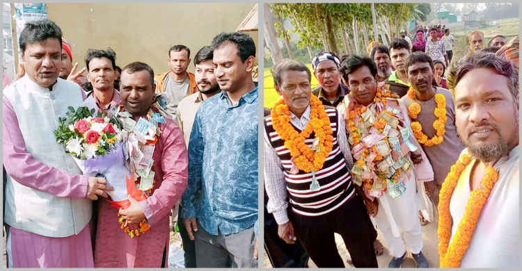 বিজয় মিছিলে চেয়ারম্যান-মেম্বারদের গলায় টাকার মালা