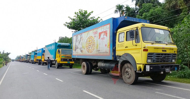 তীব্র স্রোতে পদ্মায় ফেরি চলাচল ব্যাহত, দৌলতদিয়ায় ট্রাকের সারি