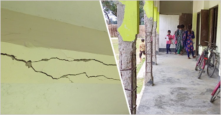 খসে পড়ছে বিদ্যালয় ভবনের পলেস্তারা, গাছতলায় পাঠদান