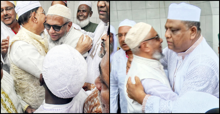 সিলেটের শাহী ঈদগাহে দুই মেয়রের কোলাকুলি