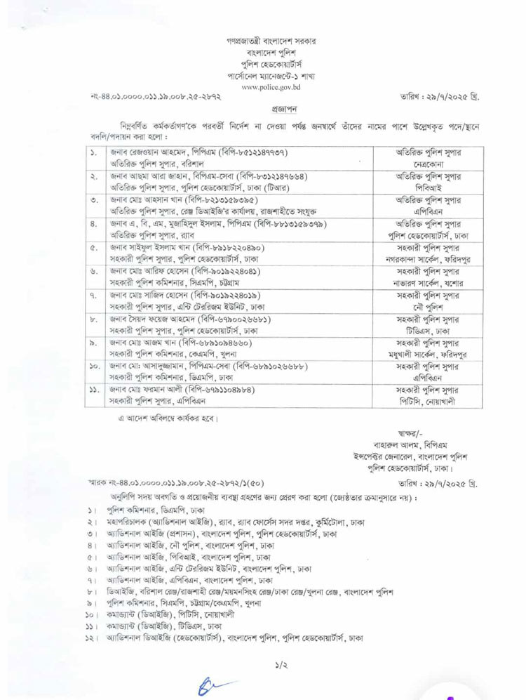 পুলিশের ১১ কর্মকর্তাকে বদলি