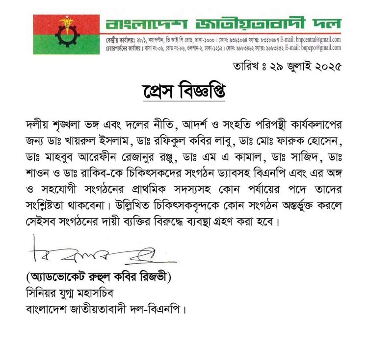 বিএনপির চিকিৎসক সংগঠনের ৬ নেতাকে অব্যাহতি