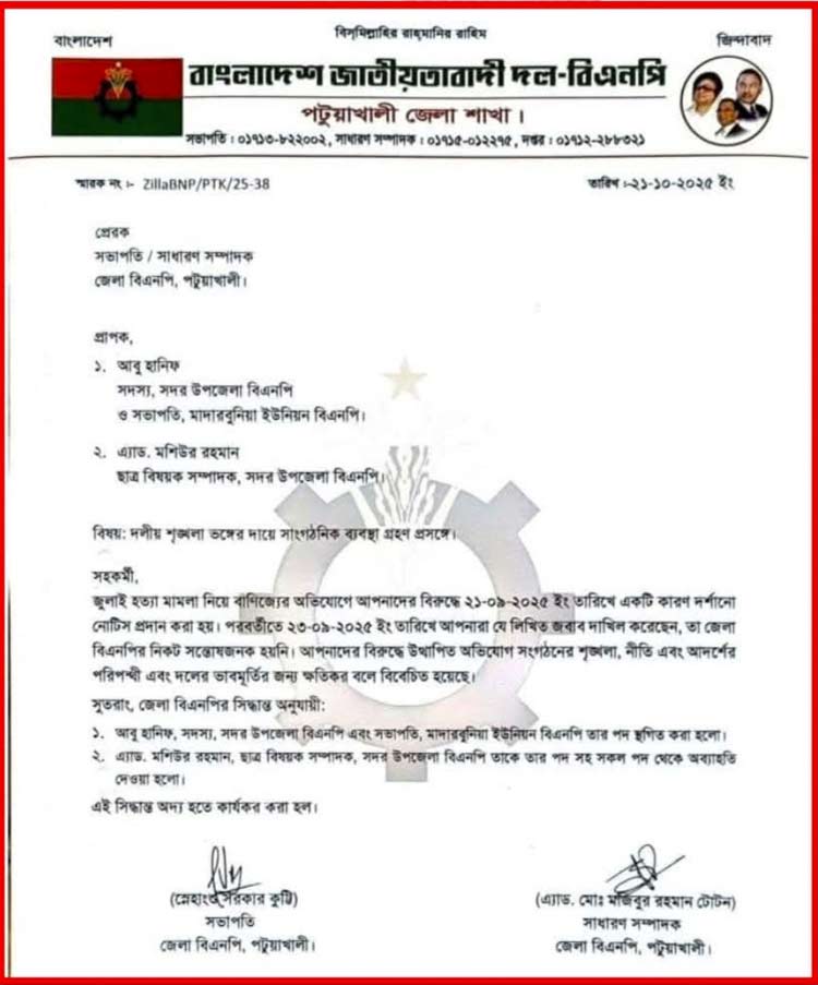 জুলাই হত্যা মামলা নিয়ে বাণিজ্য, বিএনপি নেতা বাবা-ছেলের দলীয় সাজা