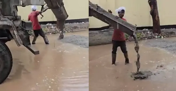 হাঁটুপানিতে সড়কে ঢালাই, ভিডিও ভাইরাল