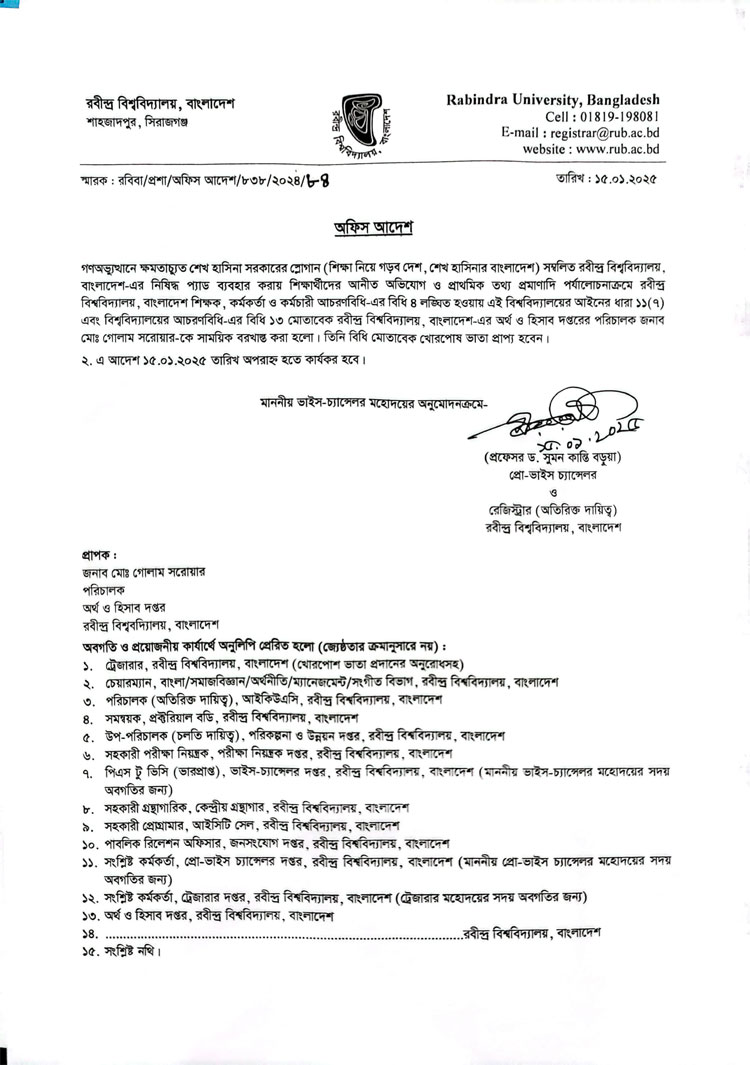 শেখ হাসিনার স্লোগান সম্বলিত পত্র ইস্যু, সেই কর্মকর্তা বরখাস্ত