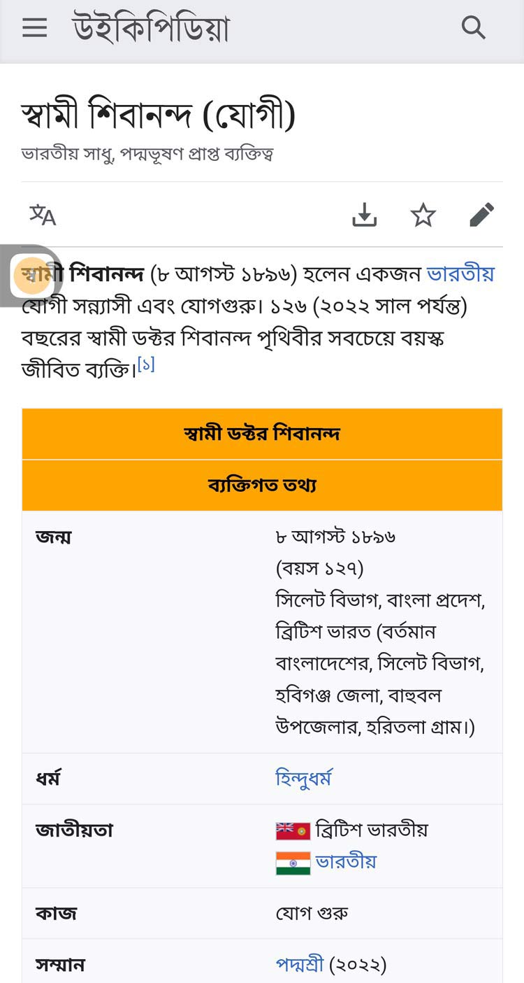 মারা গেছেন ১২৯ বছর বয়সী স্বামী শিবানন্দ