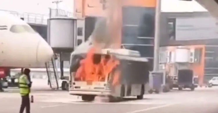 Air India bus bursts into flames at Delhi airport