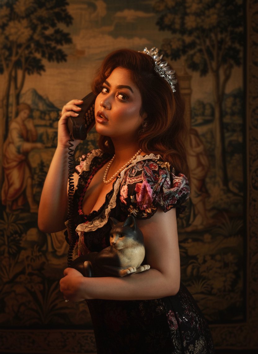 রেট্রো ক্যাট ফোন হাতে ভাবনার স্পুকি গ্ল্যাম