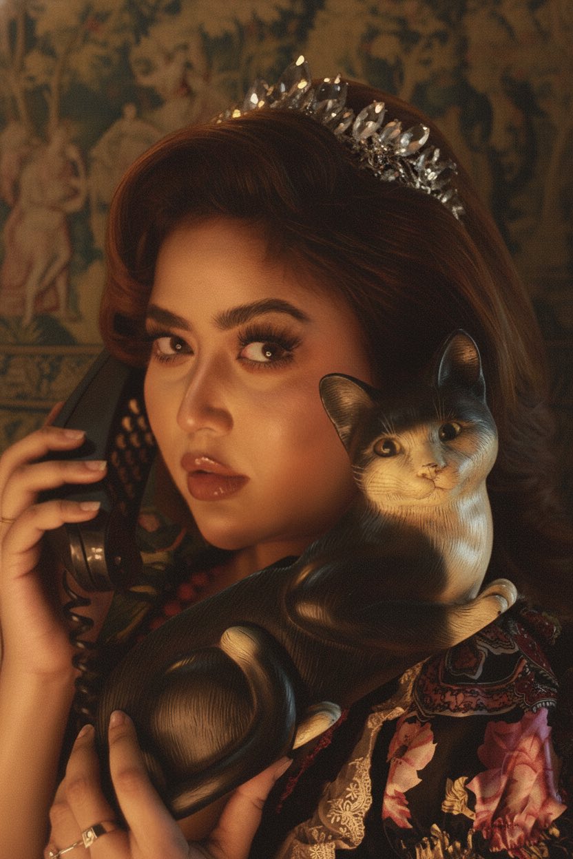 রেট্রো ক্যাট ফোন হাতে ভাবনার স্পুকি গ্ল্যাম