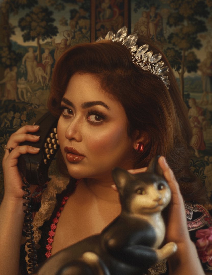 রেট্রো ক্যাট ফোন হাতে ভাবনার স্পুকি গ্ল্যাম