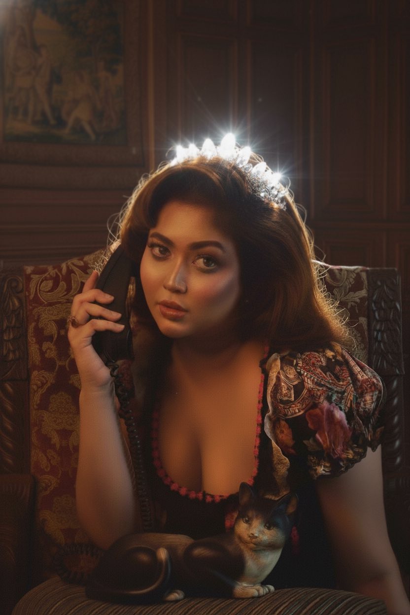 রেট্রো ক্যাট ফোন হাতে ভাবনার স্পুকি গ্ল্যাম