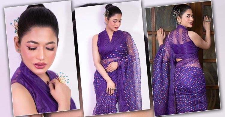 পার্পেল শাড়িতে লাস্যময়ী বাঁধন