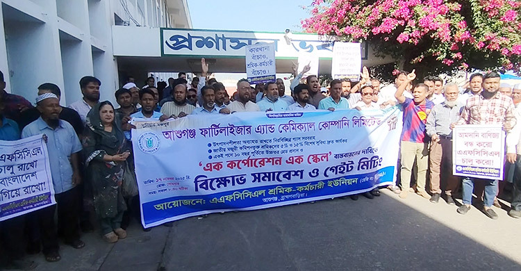 ব্রাহ্মণবাড়িয়ায় সার কারখানার শ্রমিক-কর্মচারীদের বিক্ষোভ