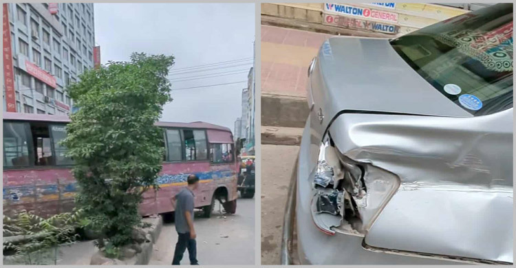 বাড্ডায় সড়ক বিভাজকে উঠে গেলো বাস, প্রাইভেটকারে ধাক্কা