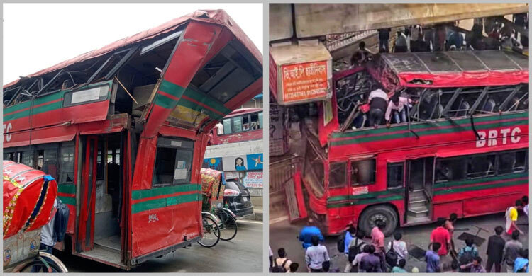এলিভেটেড এক্সপ্রেসওয়ের পিলারে ধাক্কায় ‘চ্যাপ্টা’ বিআরটিসির বাস