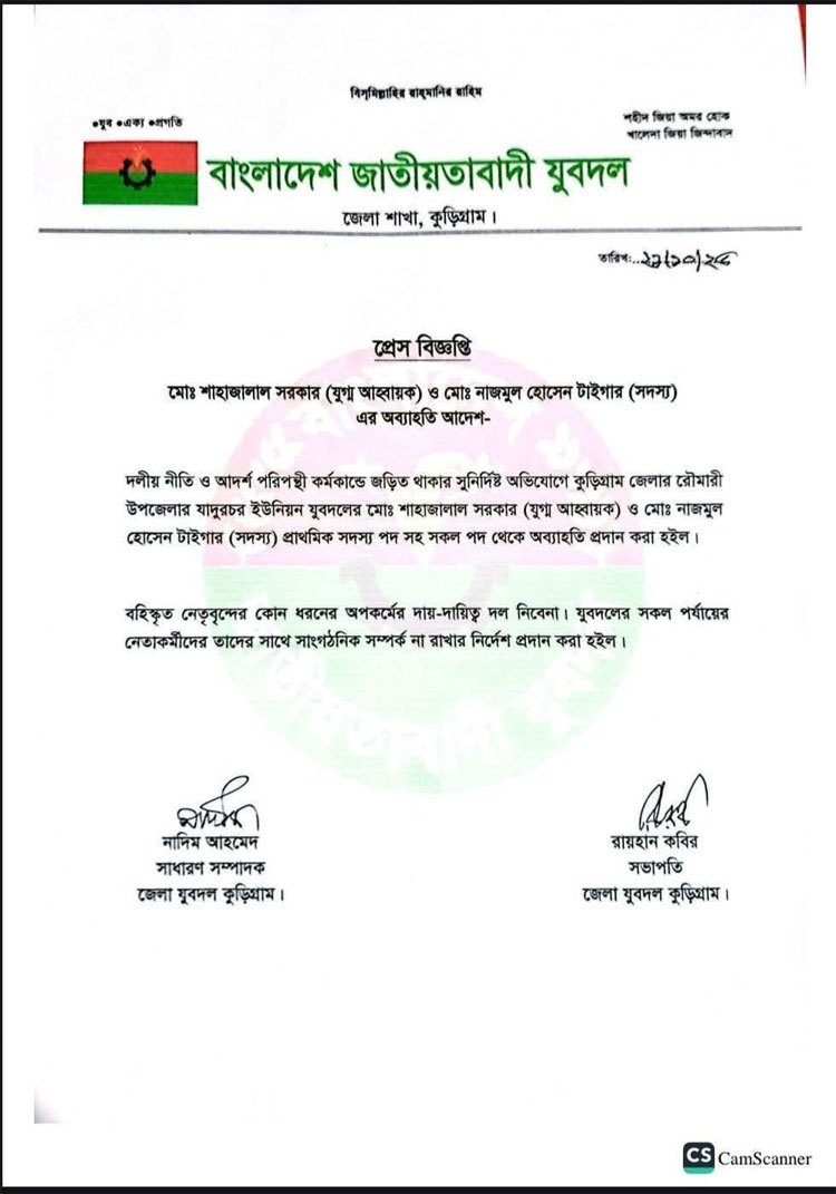 অন্যের জমি দখলে নেওয়ায় যুবদলের ২ নেতা বহিষ্কার