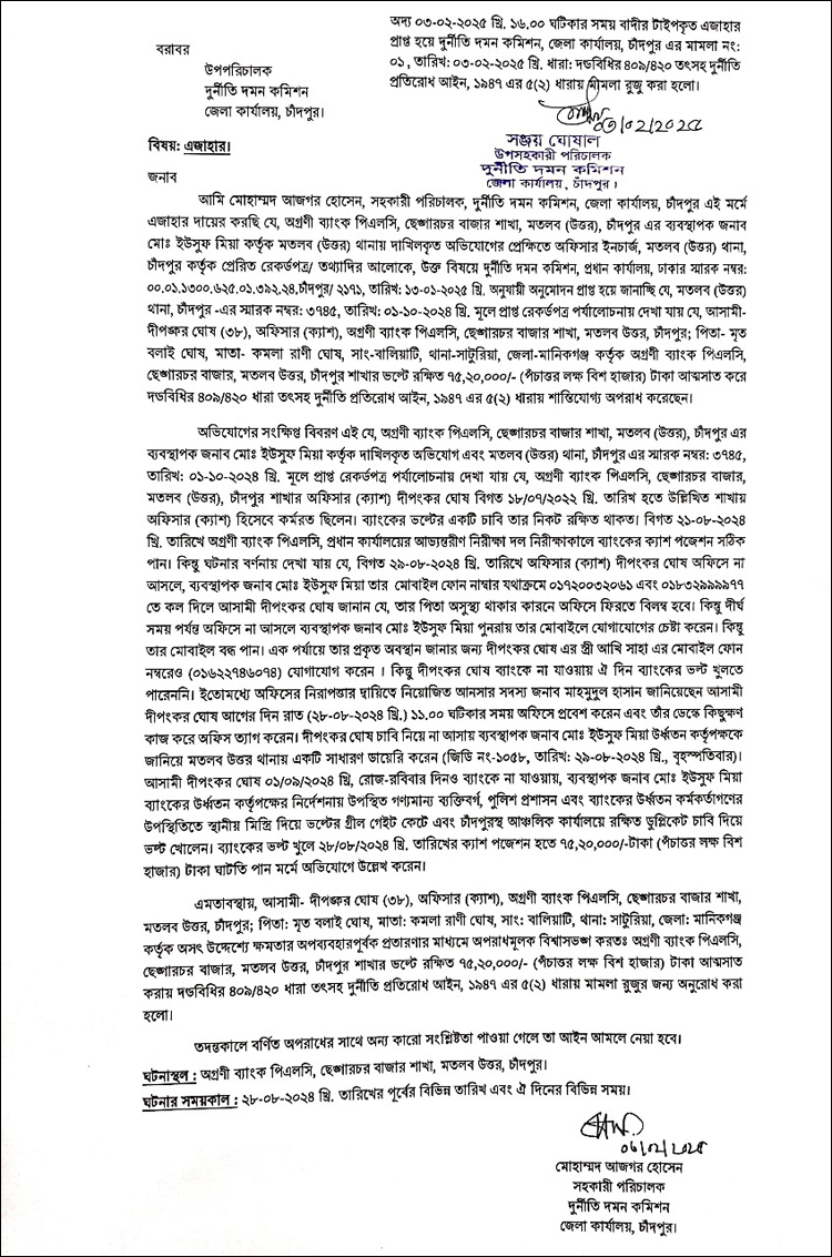 চাঁদপুরে অগ্রণী ব্যাংকের এক কর্মকর্তার বিরুদ্ধে ব্যাংকের ভল্ট থেকে ৭৫ লাখ ২০ হাজার টাকা আত্মসাতের অভিযোগে মামলা করেছে দুদক