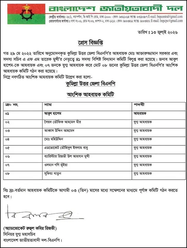 কুমিল্লা উত্তর জেলা বিএনপির আহ্বায়ক কমিটি ঘোষণা