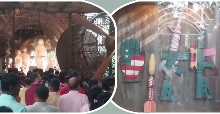 ‘যুদ্ধবিধ্বস্ত গাজা’র থিমে সেজেছে বেহালা ফ্রেন্ডসের পূজা মণ্ডপ