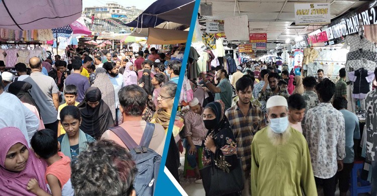 মার্কেটে ভিড়, পছন্দের পোশাকের আশায় দোকানে দোকানে ঘুরছেন ক্রেতারা