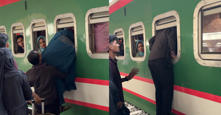 জায়গা না পেয়ে জানালা দিয়েই ট্রেনে উঠছেন যাত্রীরা
