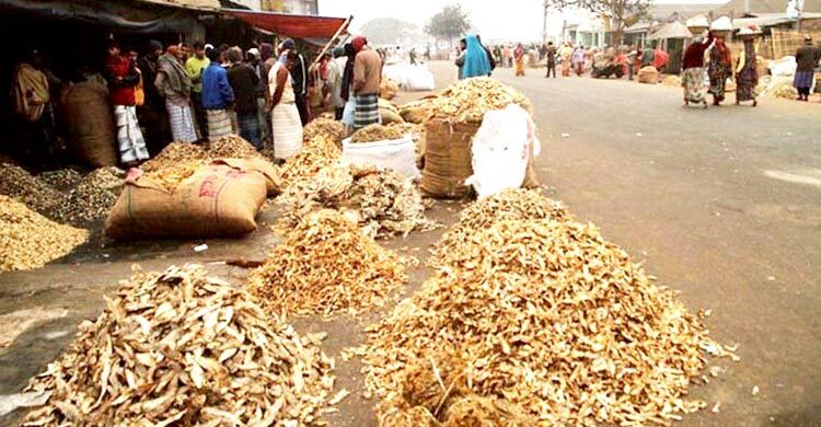 সড়কে শুঁটকির বাজার, ঝুঁকি নিয়ে যান চলাচল