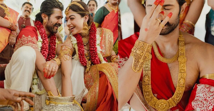 হাতে আলতা ও গয়না পরে রাশমিকার থেকে বেশি নজর কাড়লেন বিজয়