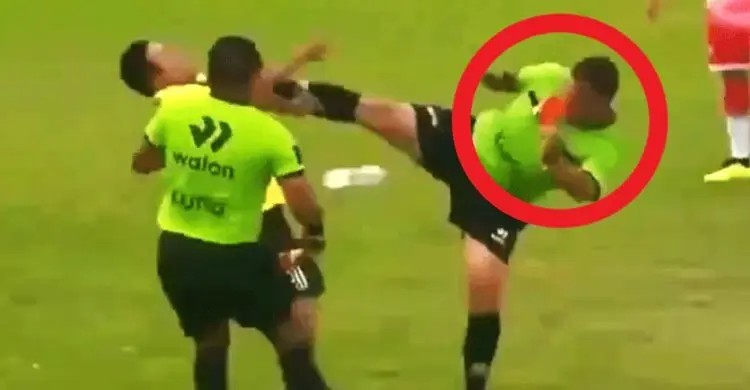 ফুটবল মাঠে চরম বিশৃঙ্খলা, রেফারির কারাতে কিক (ভিডিও)