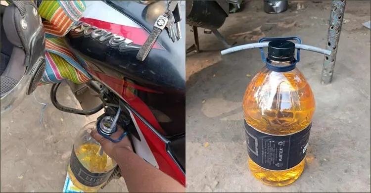 শঙ্কায় বোতলে তেল মজুত করছেন মোটরসাইকেল চালকরা