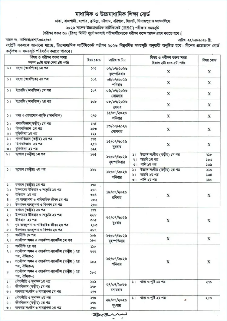 এইচএসসি পরীক্ষার সময়সূচি প্রকাশ
