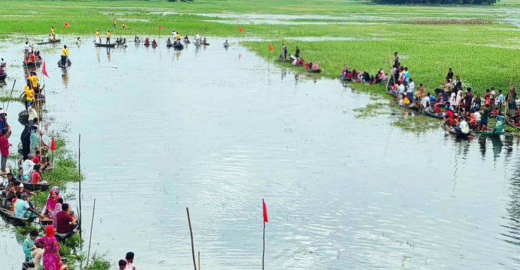 ফরিদপুরে ডোঙা বাইচ দেখতে মানুষের ভিড়