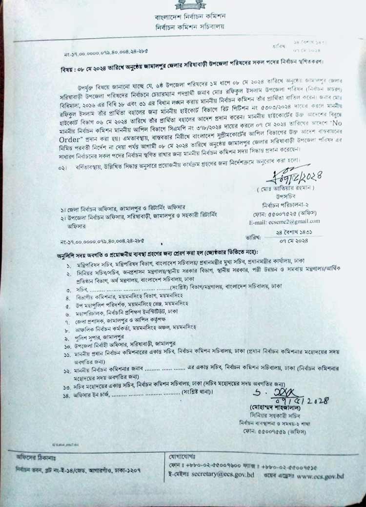 সরিষাবাড়ী উপজেলা নির্বাচন স্থগিত