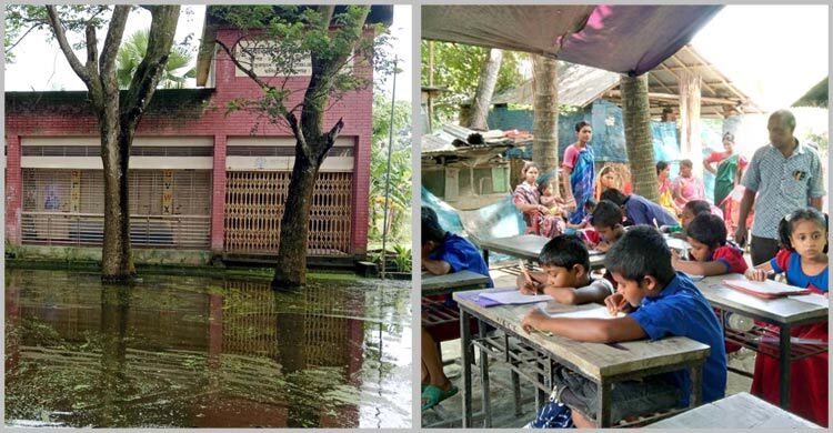 পানিবন্দি স্কুল, বাড়ির উঠানে তাঁবু টানিয়ে চলছে লেখাপড়া