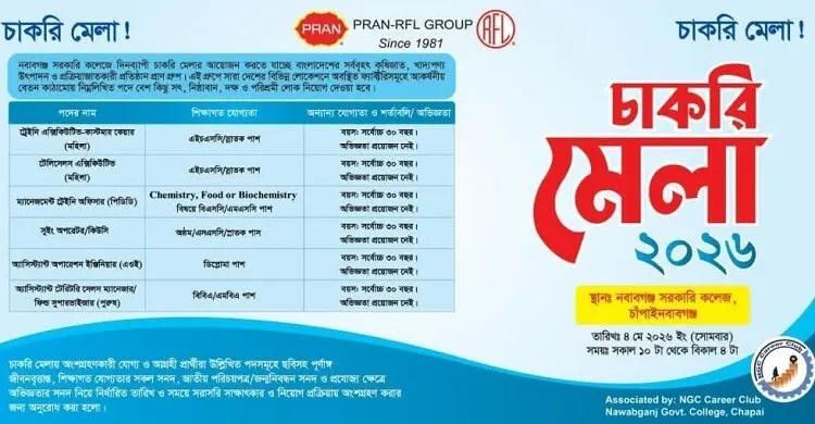 চাঁপাইনবাবগঞ্জে প্রাণ গ্রুপের দিনব্যাপী চাকরি মেলা সোমবার