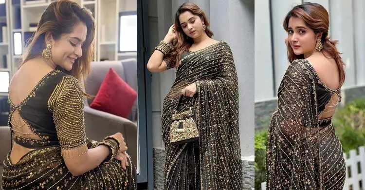 কালো শাড়িতেই ঝলমলে কেয়া পায়েল