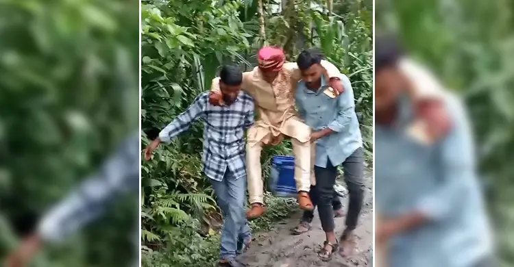 কাদামাখা পথে কাঁধে চড়ে বিয়ের আসরে পৌঁছালেন বর