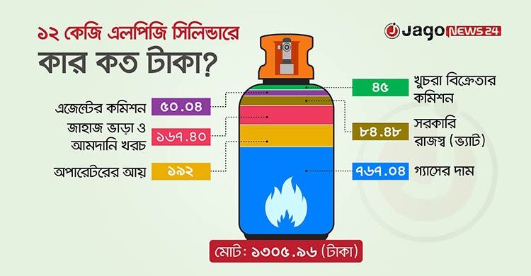 ১২ কেজি এলপিজি সিলিন্ডারে কার ভাগে কত টাকা?