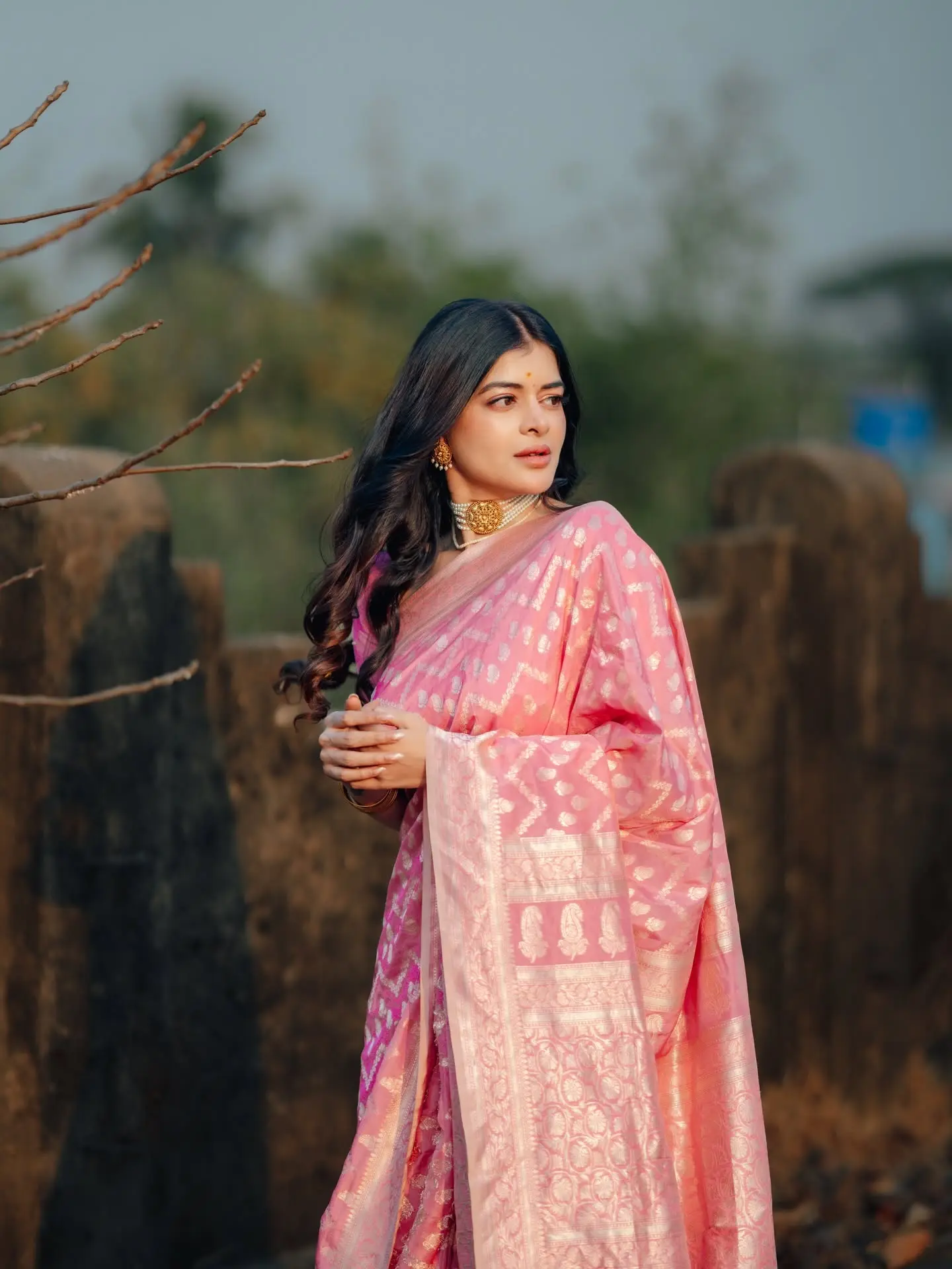গোলাপি শাড়ি আর স্নিগ্ধ সাজে মায়াবী মধুমিতা