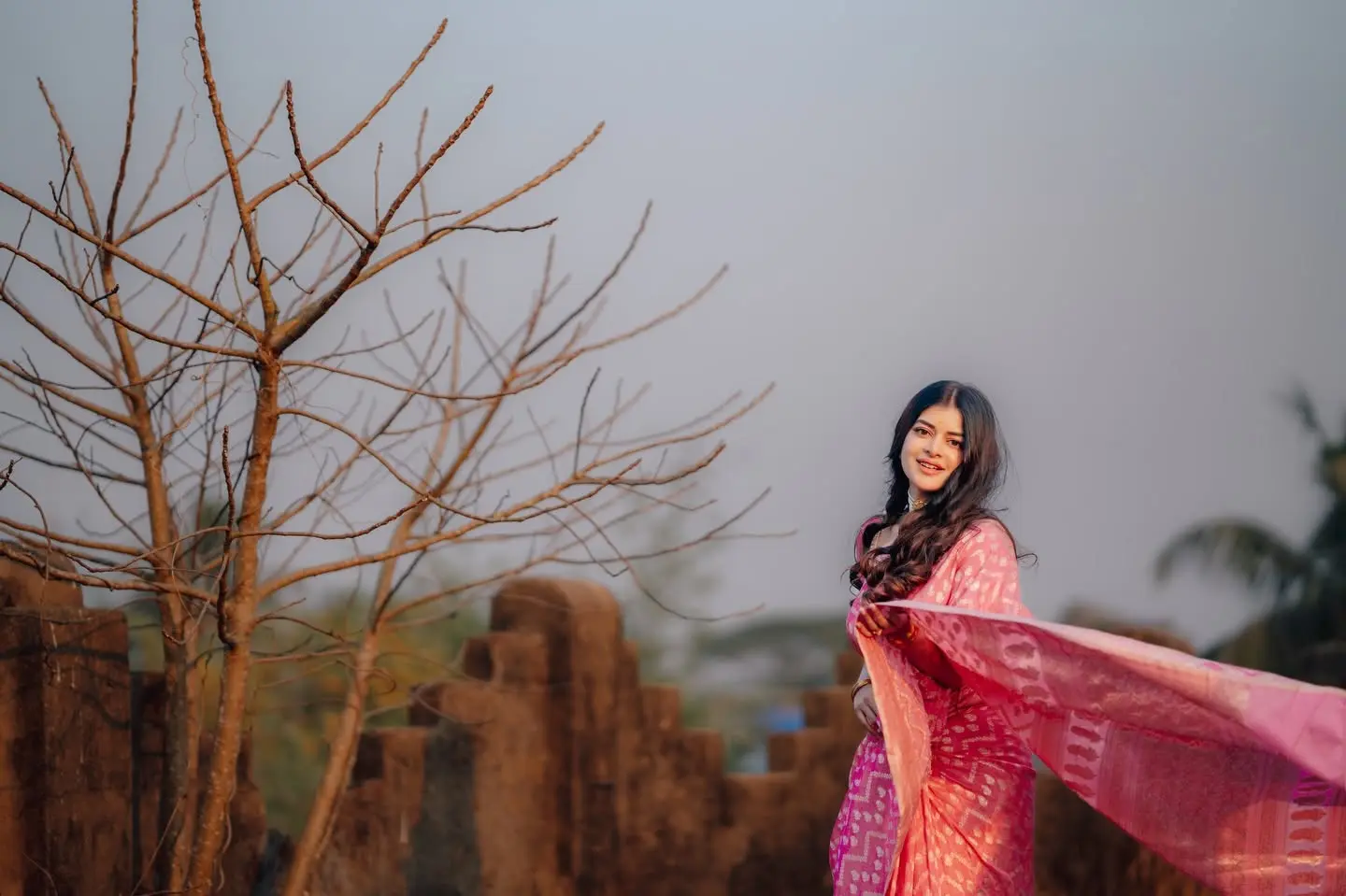 গোলাপি শাড়ি আর স্নিগ্ধ সাজে মায়াবী মধুমিতা