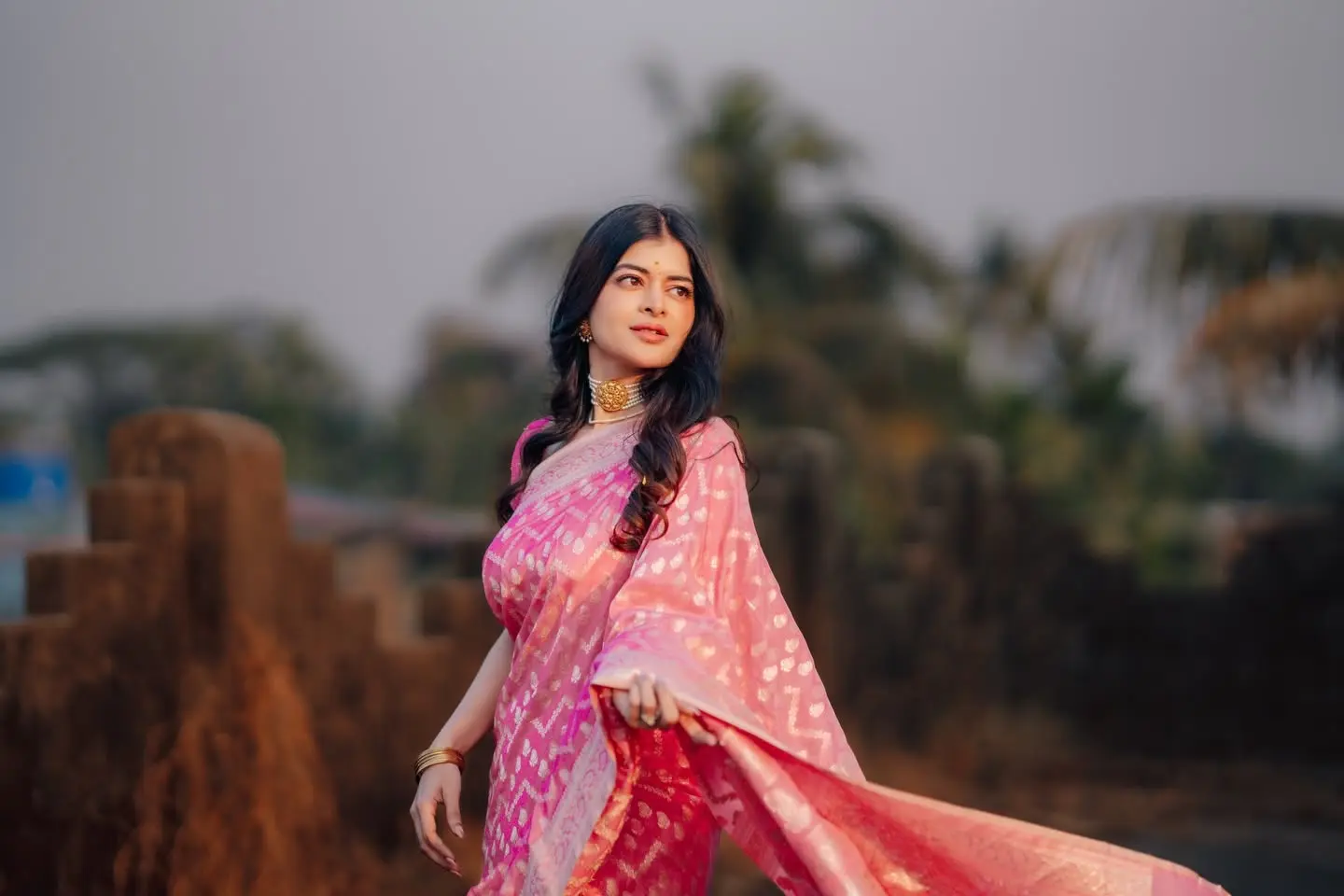 গোলাপি শাড়ি আর স্নিগ্ধ সাজে মায়াবী মধুমিতা
