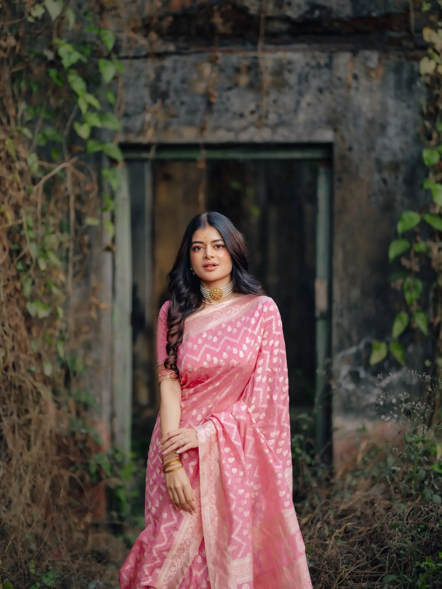 গোলাপি শাড়ি আর স্নিগ্ধ সাজে মায়াবী মধুমিতা