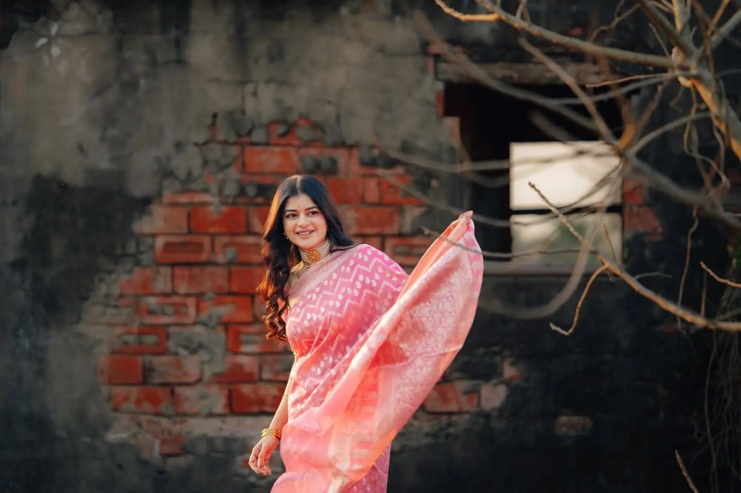গোলাপি শাড়ি আর স্নিগ্ধ সাজে মায়াবী মধুমিতা