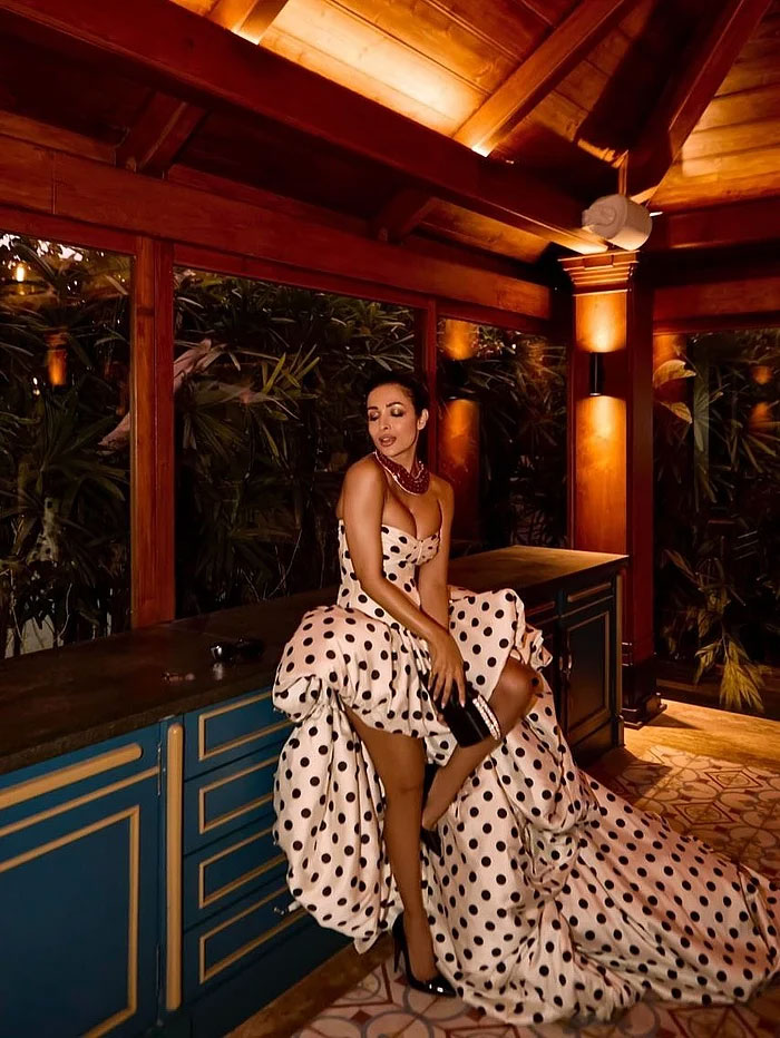 পোলকা ডট গাউনে মালাইকার অনবদ্য রেট্রো গ্ল্যাম