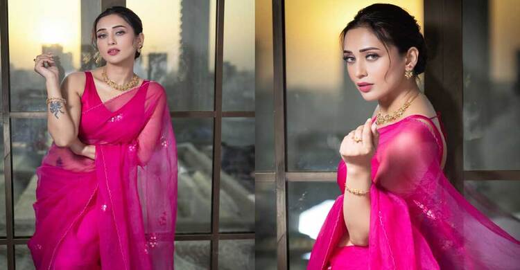 স্বচ্ছ ড্রেপের আড়ালে মিমির পরিশীলিত গ্ল্যামার