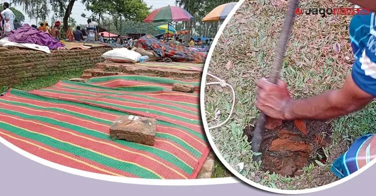 শাবল-কোদালের কোপে ক্ষতিগ্রস্ত প্রাচীন পোড়া ইটের চিহ্ন